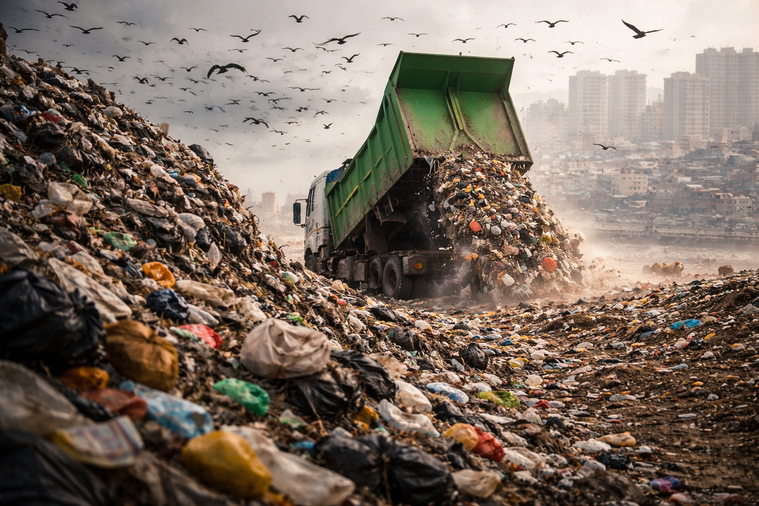 Garbage truck tipping mixed waste onto a towering urban landfill with birds overhead